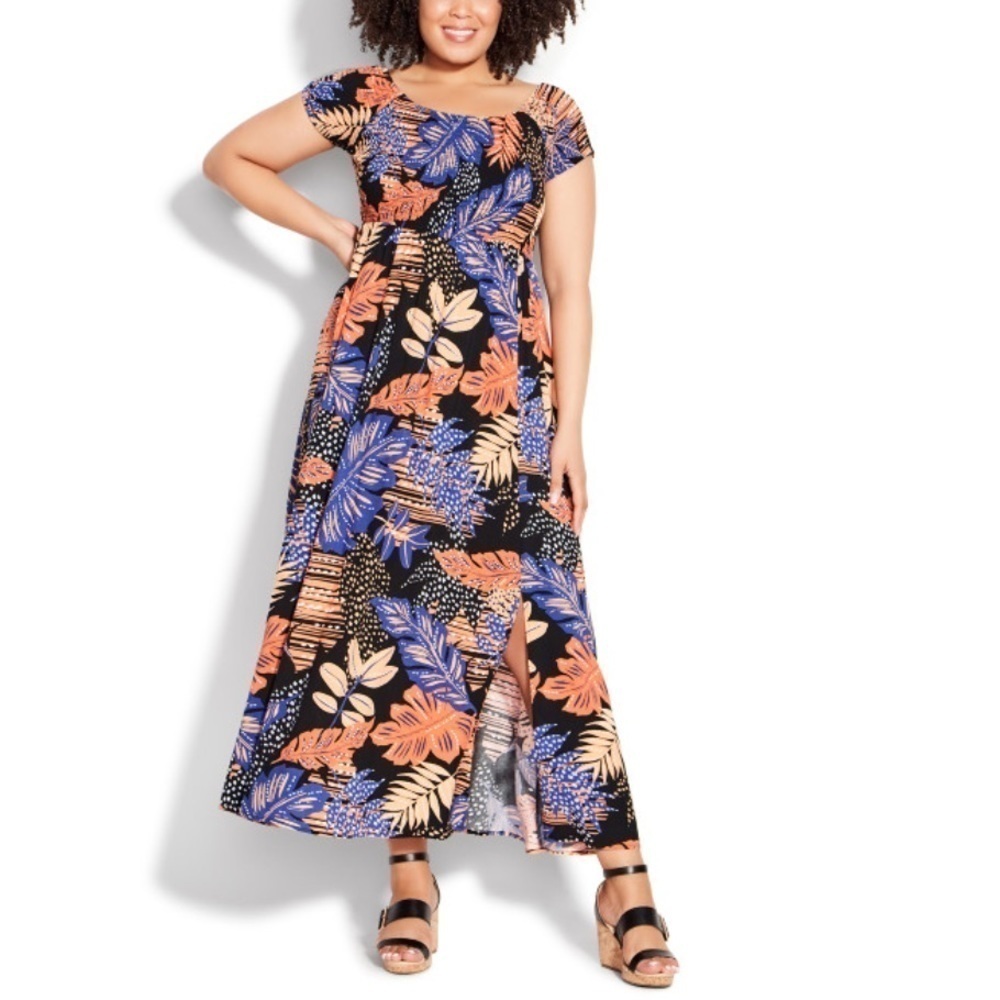 Loralette 26/28W On Off Shoulder Skylight Palm Raelynn Maxi Dress DD05.10